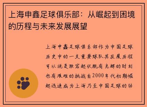 上海申鑫足球俱乐部：从崛起到困境的历程与未来发展展望