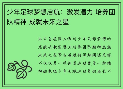 少年足球梦想启航：激发潜力 培养团队精神 成就未来之星