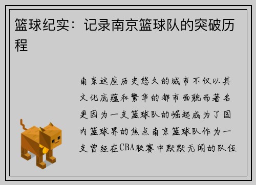 篮球纪实：记录南京篮球队的突破历程