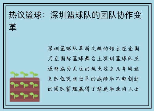 热议篮球：深圳篮球队的团队协作变革