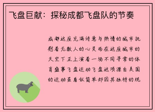 飞盘巨献：探秘成都飞盘队的节奏
