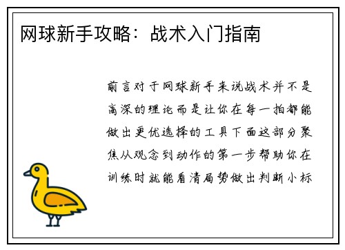 网球新手攻略：战术入门指南